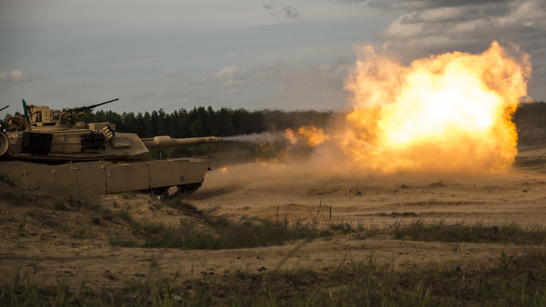 ADAZI, Latvia – Marines with Alpha Company, 4th Tank Battalion, 4th Marine Division, Marine Forces Reserve, fire from a M1 Abrams tank during Exercise Saber Strike 17 in the Adazi Training Area, Latvia, June 4, 2017. Exercise Saber Strike 17 is an annual combined-joint exercise conducted at various locations throughout the Baltic region and Poland. The combined training exercise keeps Reserve Marines ready to respond in times of crisis by providing them with unique training opportunities outside of the continental United States. (U.S. Marine Corps photo by Cpl. Devan Alonzo Barnett/Released)