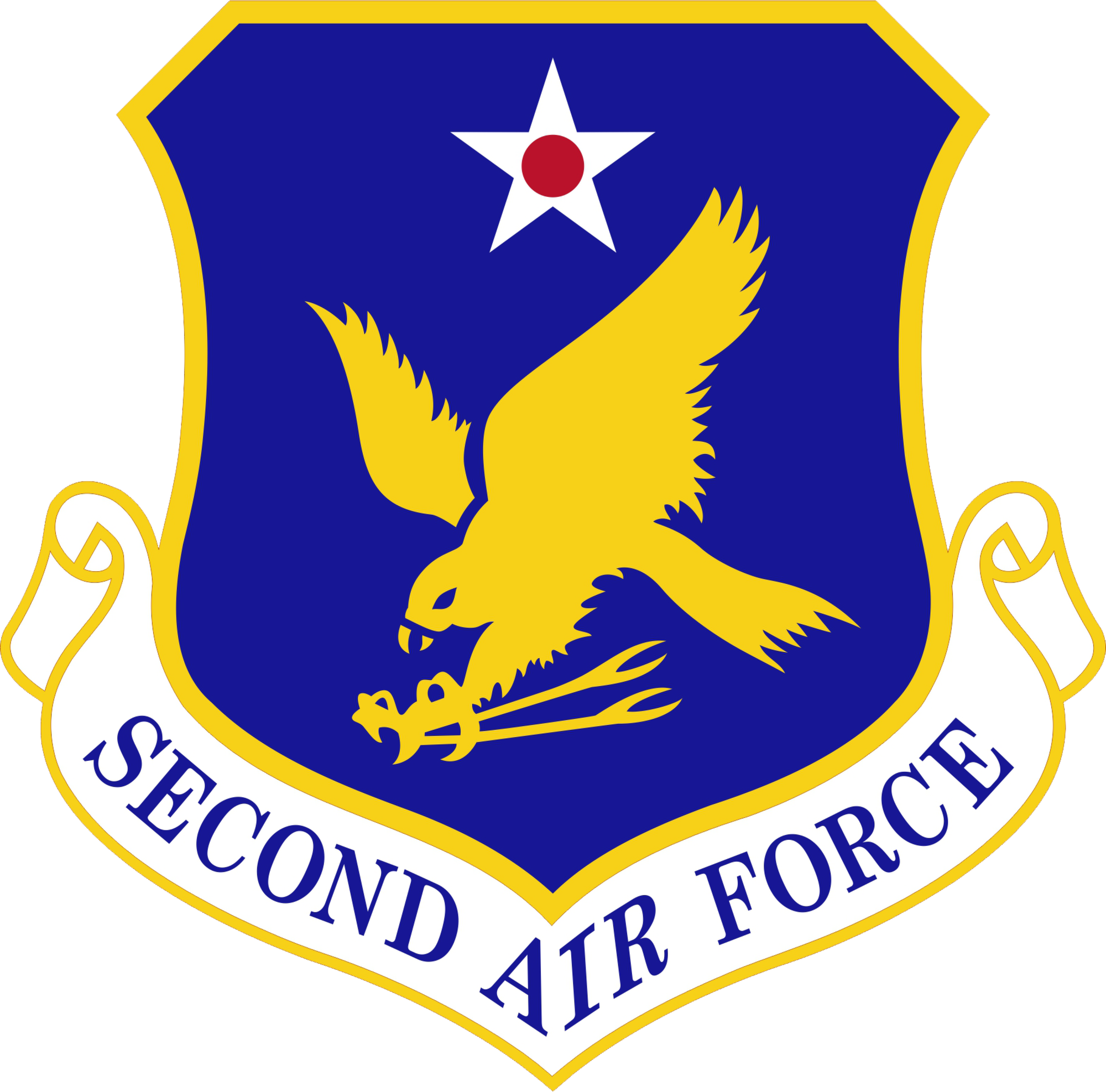 2nd Air Force logo. Caption reads: "The Second Air Force mission is to provide the best-trainined, combat-ready forces! To carry out this mission, Second Air Force manages all operational aspects of nearly 2,700 active training courses taught to approximately 150,000 students annually in technical training, basic military training, medical and distance learning courses. Training operations across Second Air Force range from intelligence to computer operations to space and missile operations and maintenance.

Courses are primarily taught at four resident training wings - Keesler; Goodfellow, Lackland and Sheppard Air Force Bases, Texas; and a training group located at Vandenberg AFB, California. Aside from the resident bases, Second Air Force operates 92 training detachments around the world, which provide advanced aircraft maintenance continuation training.

Headquarters Second Air Force accomplishes its mission through the work in four main arenas: Joint Expeditionary Tasking, Mission Support, Staff Judge Advocate and Safety."