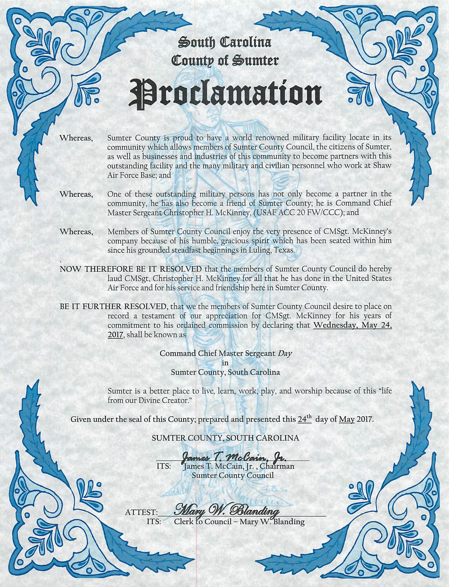 U.S. Air Force Chief Master Sgt. Christopher McKinney, former 20th Fighter Wing command chief, was presented with a proclamation from the Sumter County Council during a Memorial Day Ceremony in Sumter, S.C., May 23, 2017. The proclamation expressed the county’s appreciation for McKinney and announced the declaration of May 24, 2017, as Command Chief Master Sergeant Day in Sumter County, S.C. (Courtesy photo)