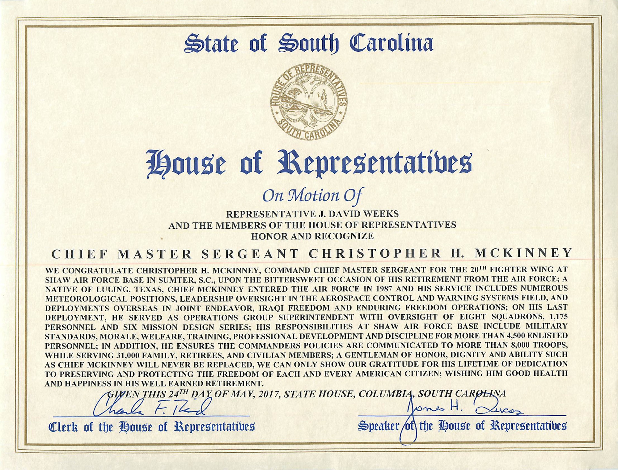 A certificate of recognition from the South Carolina House of Representatives was presented to Chief Master Sgt. Christopher McKinney, former 20th Fighter Wing command chief, at Shaw Air Force Base, S.C., May 24, 2017. The certificate summarized McKinney’s career and detailed his role at the 20th Fighter Wing. (Courtesy photo)