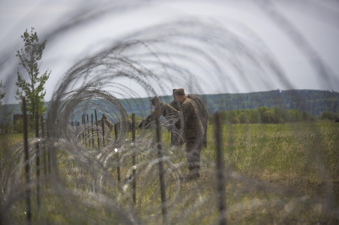 Combat Engineer Marines with Marine Wing Support Squadron 473, 4th Marine Aircraft Wing, Marine Forces Reserve, construct a triple standard concertina fence around their forward arming and refueling point at Canadian Forces Base Cold Lake during exercise Maple Flag 50, June 1, 2017. MWSS-473 is providing real world refueling support to Royal Canadian Air Force CH-147 Chinook and CH-146 Griffon type model series during exercise Maple Flag. (U.S. Marine Corps photo by Lance Cpl. Niles Lee/Released)