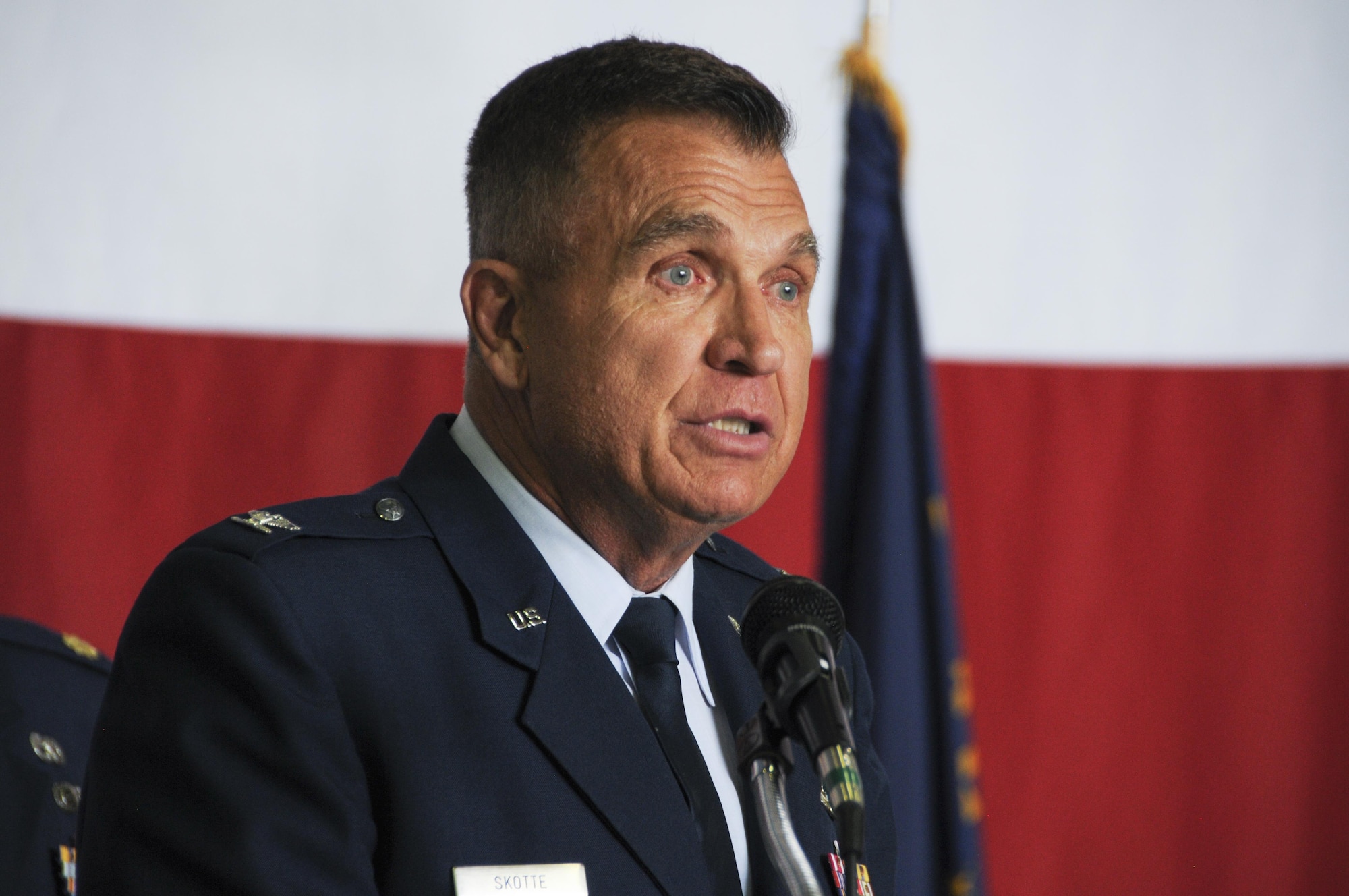 170603-Z-BD327-114: U.S. Air Force Col. Daniel Skotte, the commander of the 146th Airlift Wing Medical Group, speaks to the assembled crowd following his official retirement after serving for nearly 50 years, June 3, 2017, at Kingsley Field, Ore.  His remarks touched upon his reasons for entering the service in 1967 and at times the emotion of the moment was evident in his voice while he and the crowd shared a laugh during lighter moments. (U.S. Air National Guard photo by Senior Airman Riley Johnson)