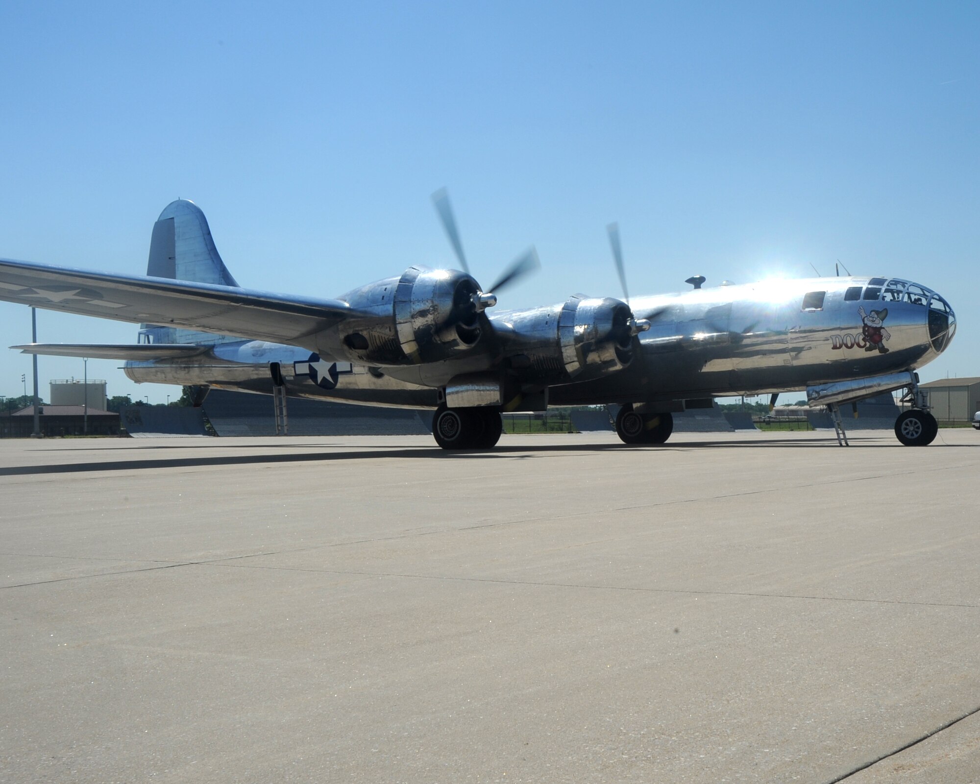 Doc, a B-29 Superfortress taxis on the flight line in preparation for a flight, June 9, 2017, at McConnell Air Force Base, Kan. The B-29 flew its first flight in September 1942 and was retired from service in September 1960.  (U.S. Air Force photo/Staff Sgt. Rachel Waller)