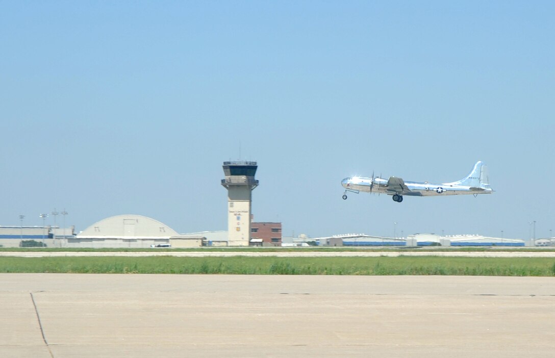 Doc, a restored B-29 Superfortress, takes-off June 9, 2017, from McConnell Air Force Base, Kan. Brig. Gen. Paul Tibbets IV, 509th Bomb Wing commander, Whiteman Air Force Base, Mo., co-piloted Doc, during this flight. Tibbets piloted the aircraft to Whiteman AFB for an airshow. (U.S. Air Force photo/Staff Sgt. Rachel Waller)