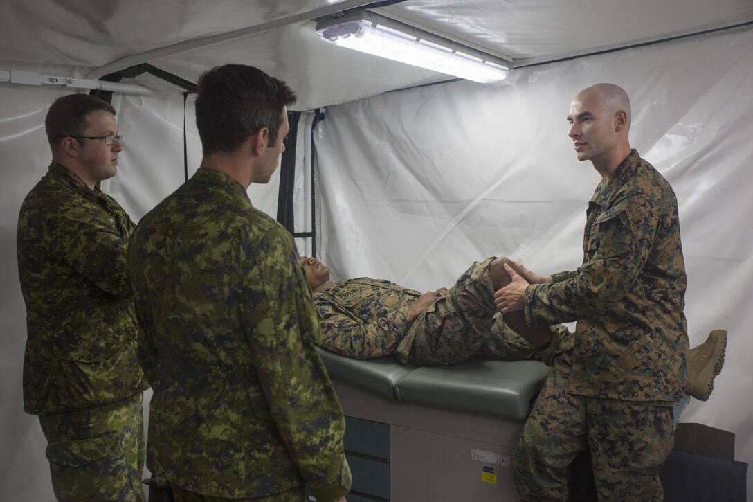 Canadian medical technicians observe U.S. Navy Lt. Cmdr. Christian Basque, a navy doctor with Marine Wing Support Squadron 472, Marine Aircraft Group 49, 4th Marine Aircraft Wing, Marine Forces Reserve, as he examines the knees of a U.S. Marine during exercise Maple Flag 50 at Canadian Forces Base Cold Lake, Alberta, June 2, 2017. During Maple Flag 50, the corpsmen’s mission was to provide medical support for Marines with MWSS-473 by conducting field medical assessments. (U.S. Marine Corps photo by Lance Cpl. Niles Lee/Released)