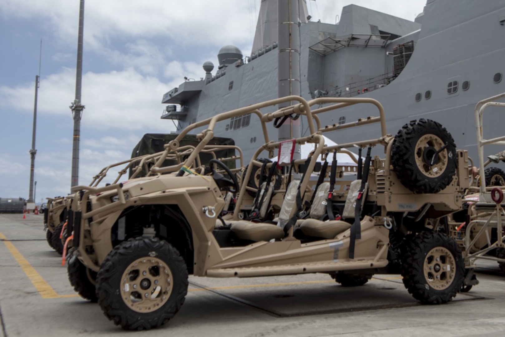 An MRZR Tactical Warfighting all-terrain vehicle belonging to the 31st Marine Expeditionary Unit sits pier side at White Beach Naval Facility, Okinawa, Japan, June 7, 2017. The 31st MEU partners with the Navy’s Amphibious Squadron 11 to form the Bonhomme Richard Expeditionary Strike Group – a cohesive blue-green team capable of accomplishing a variety of missions across the Indo-Asia-Pacific. 
