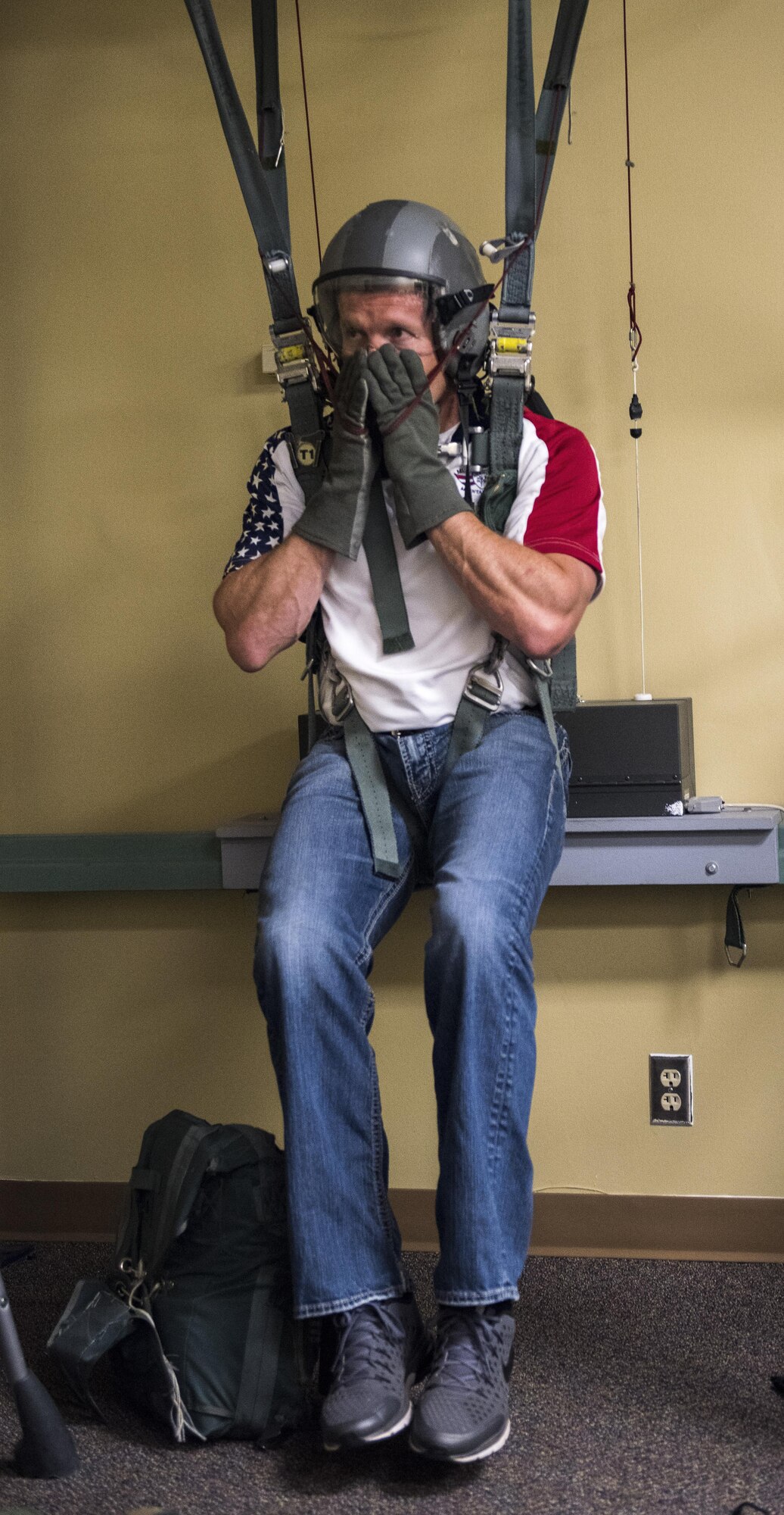 Rich Sykes, Mountain Home mayor, participates in parachute training, June 1, 2017, at Mountain Home Air Force Base, Idaho. This training ensured Sykes would have an understanding of what to do in case of an emergency if he would need to eject.(U.S. Air Force Photo by Senior Airman Jeremy L. Mosier)