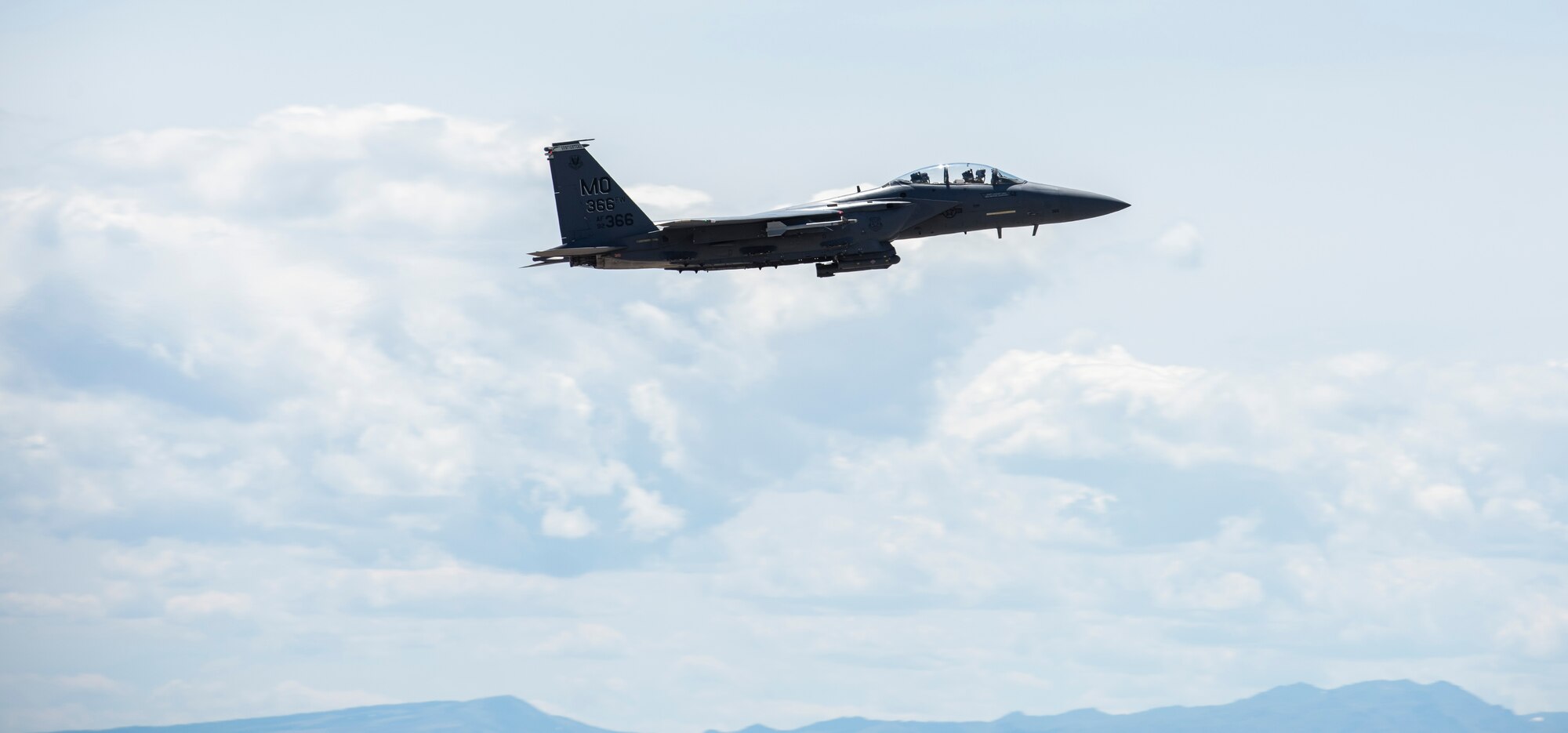 Col. Jefferson O'Donnell, 366th Fighter Wing commander, takes off from Mountain Home Air Force Base, Idaho, for Rich Sykes', Mountain Home mayor, orientation flight, June 2, 2017. During the flight O'Donnell flew Sykes all around Idaho and finished with flying over Mountain Home.(U.S. Air Force Photo by Senior Airman Jeremy L. Mosier)