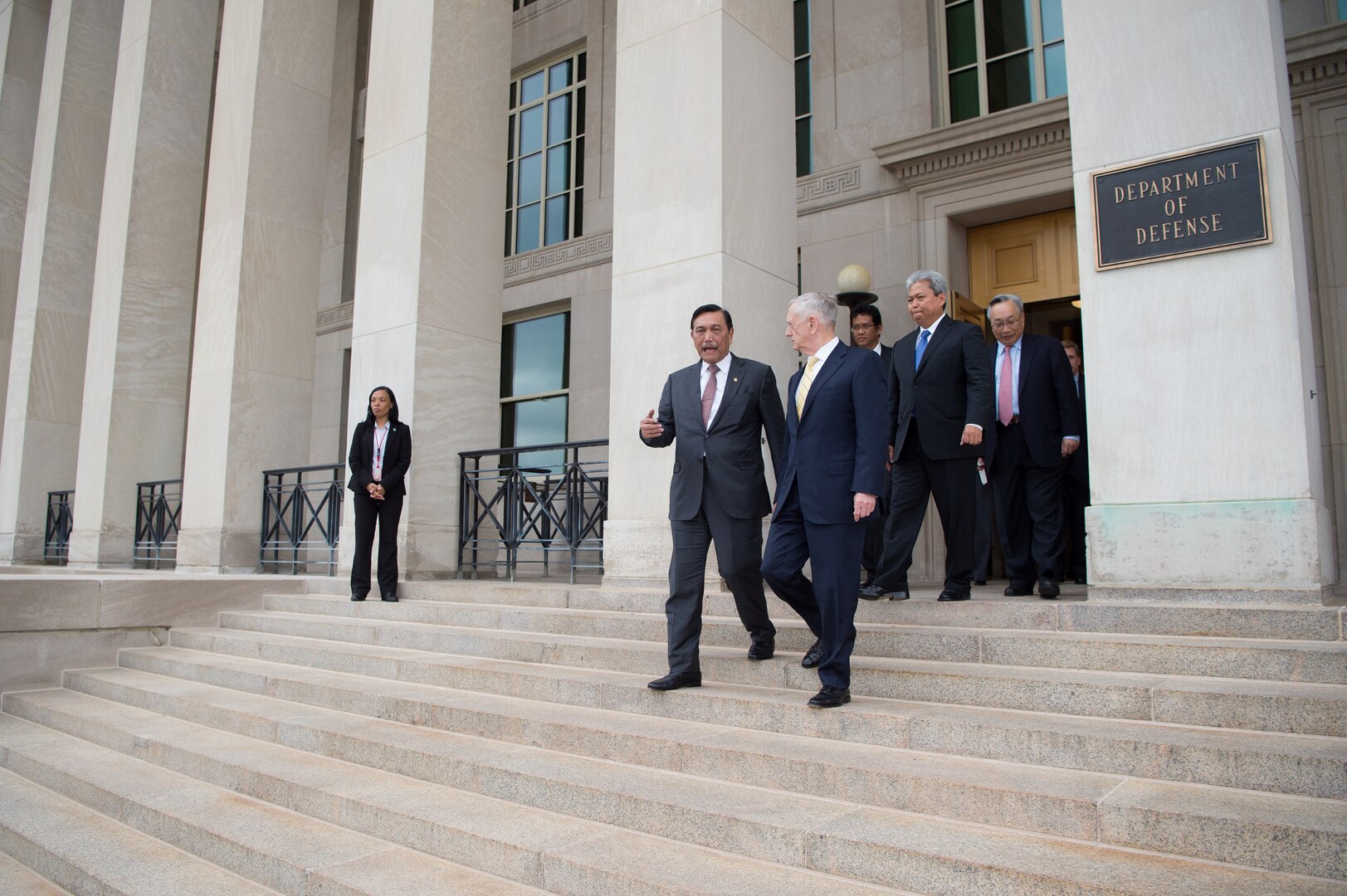 Defense Secretary Jim Mattis walks with Luhut Panjaitan, Indonesia’s coordinating minister for maritime affairs, following a meeting at the Pentagon, June 7, 2017. 