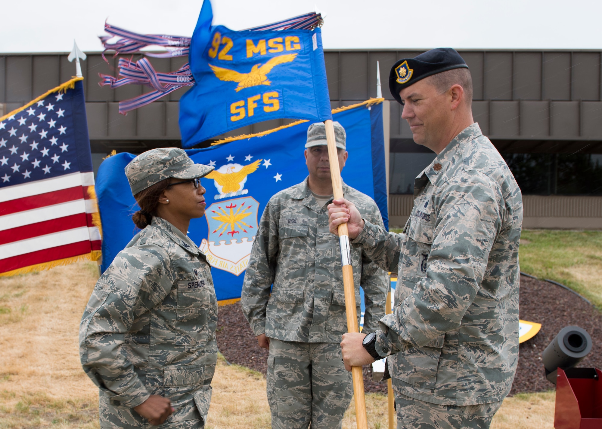 Maj. Cameron Maher accepts the 92nd Security Forces Squadron guidon from Col. Yvonne Spencer, 92nd Mission Support Group commander, as he assumes command during the 92nd Security Forces Squadron change of command ceremony June 8, 2017, at Fairchild Air Force, Washington. Maher previously served as Chief of Nuclear Security, Air Combat Command, Langley AFB, Virginia.
(U.S. Air Force Photo / Airman 1st Class Ryan Lackey)