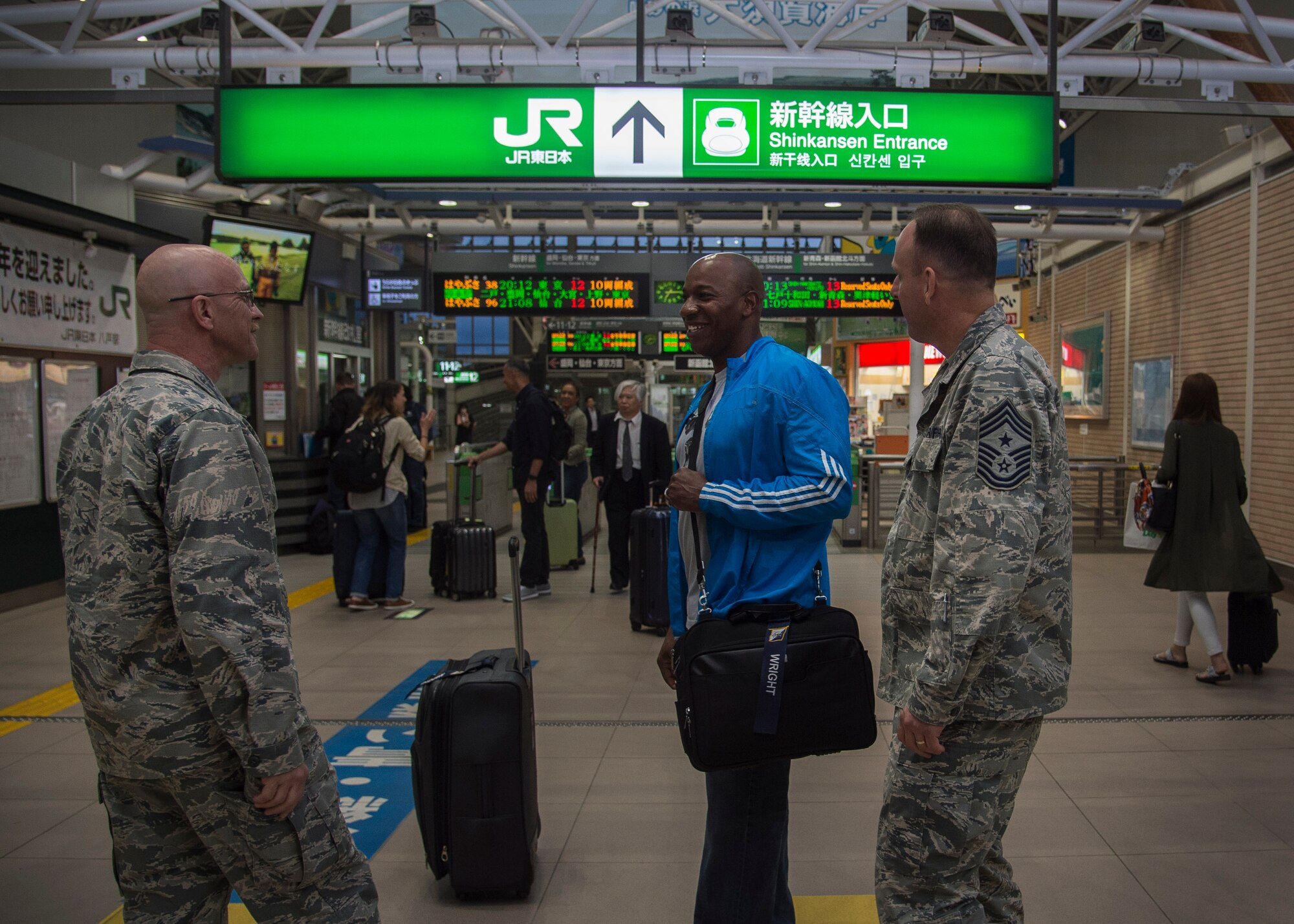 Chief Master Sgt. of the Air Force Kaleth O. Wright is greeted by Col. R. Scott Jobe, 35th Fighter Wing commander, and Chief Master Sgt. Chuck Frizzell, 35th FW command chief, at the train station in Hachinohe, Japan, June 8, 2017. During his visit, Wright spoke with 35th FW Airmen, addressing their concerns and critical roles within Pacific Air Forces. Wright also dedicated time mentoring junior and senior enlisted Airmen. (U.S. Air Force photo by Senior Airman Deana Heitzman)