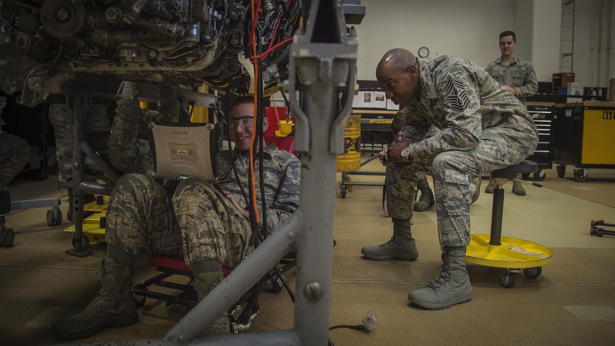 Chief Master Sgt. of the Air Force Kaleth O. Wright speaks with Airman 1st Class Jeremy Daniels, 35th Maintenance Squadron aerospace propulsion journeyman, during his Pacific Air Forces’ immersion tour at Misawa Air Base, Japan, June 9, 2017. Wright toured various work centers, focusing his visit on innovative Airmen who contribute to the overall growth of the Air Force. He also sat with Airmen and NCO’s to learn more about their concerns about the Air Force. (U.S. Air Force photo by Senior Airman Deana Heitzman)