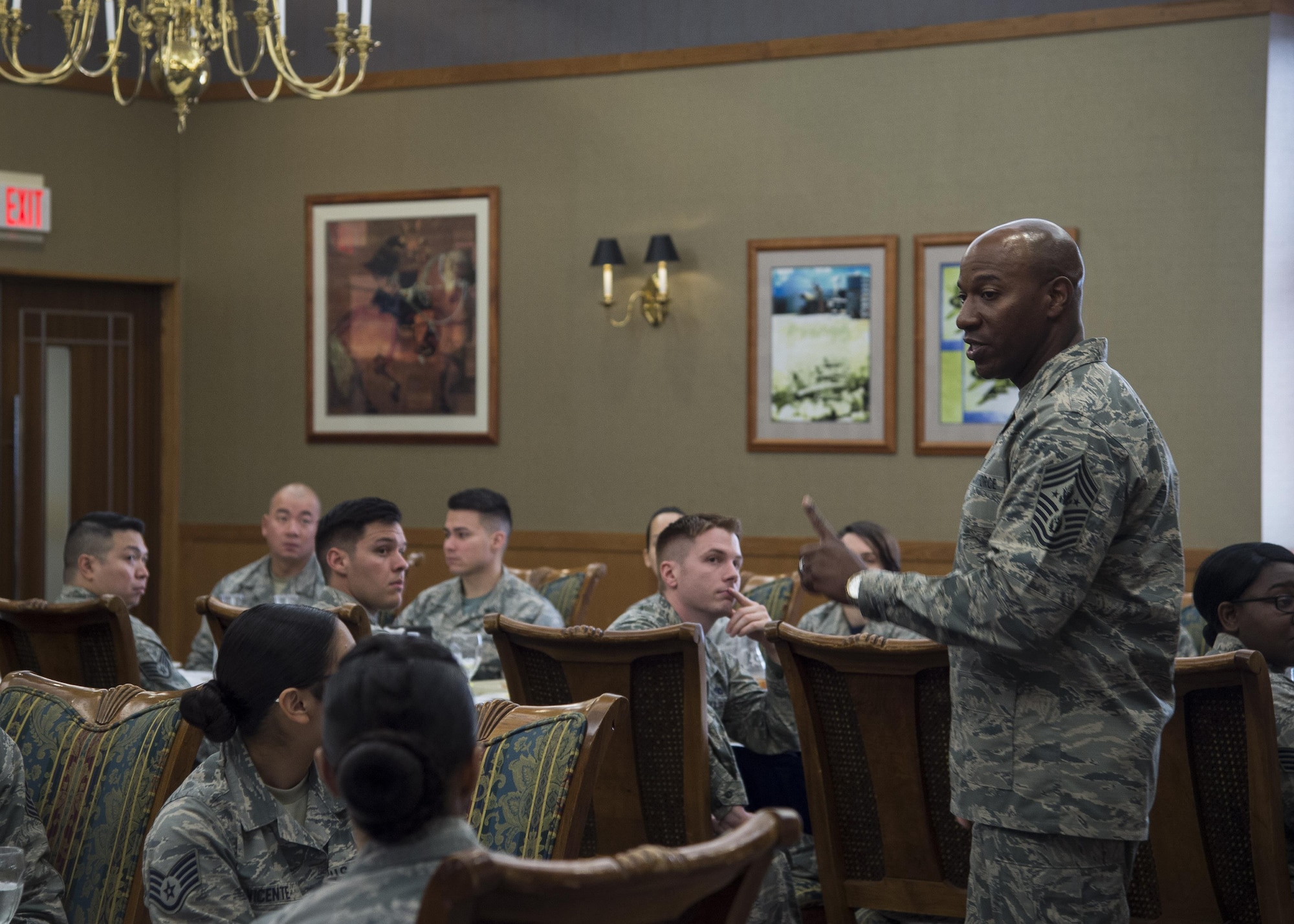 Chief Master Sgt. of the Air Force Kaleth O. Wright speaks with NCO’s during his Pacific Air Forces’ immersion tour at Misawa Air Base, Japan, June 9, 2017. During his visit, Wright spoke with 35th Fighter Wing Airmen, addressing their concerns and critical roles within Pacific Air Forces. Wright also dedicated time mentoring junior and senior enlisted Airmen. (U.S. Air Force photo by Senior Airman Deana Heitzman