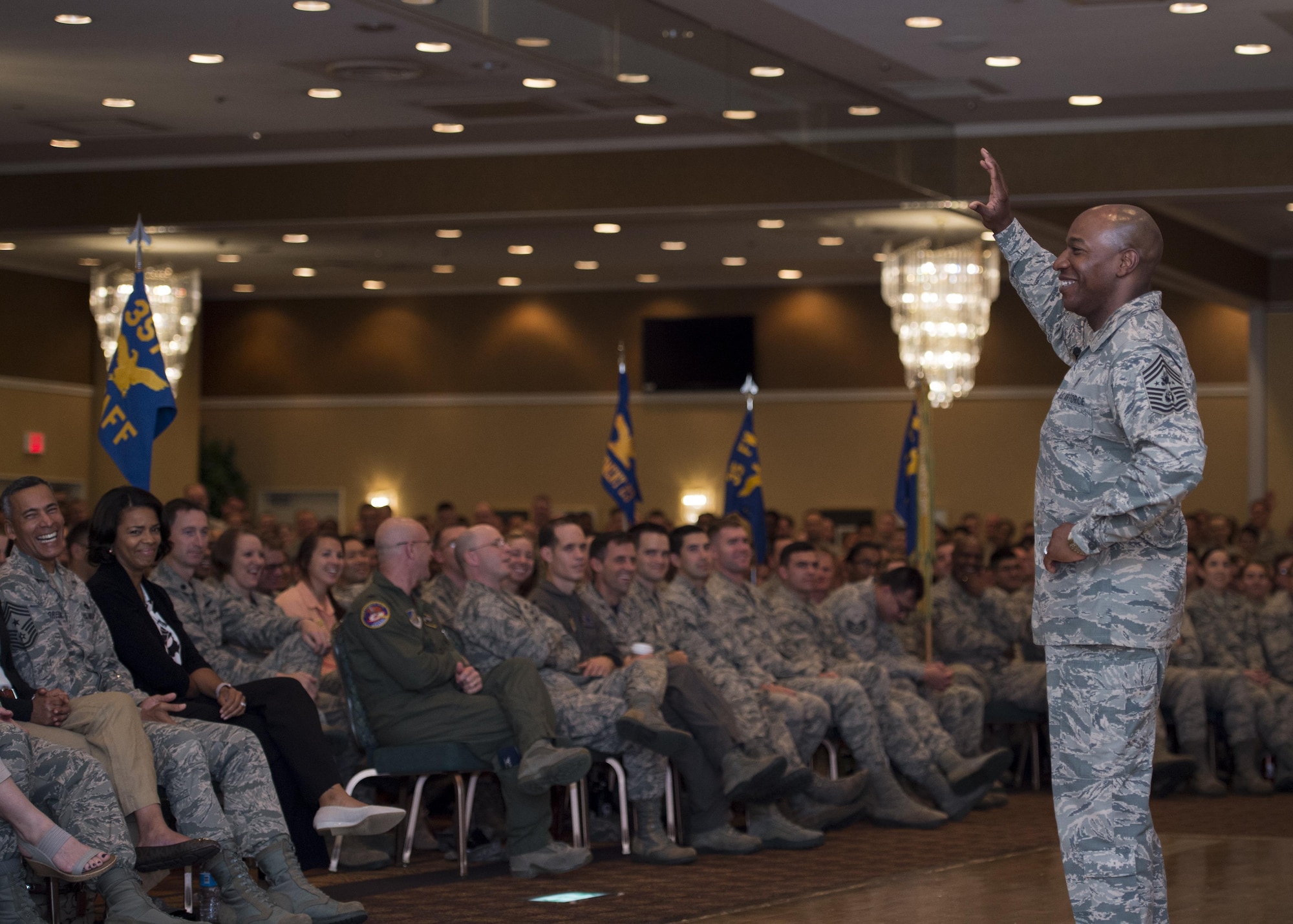 Chief Master Sgt. of the Air Force Kaleth O. Wright raises his hand at an all-call during his Pacific Air Forces’ immersion tour at Misawa Air Base, Japan, June 9, 2017. Wright explained how the 35th Fighter Wing Airmen are the definition of resilient warfighter’s, ready to “fight tonight” during an all-call hosted toward the conclusion of his visit. (U.S. Air Force photo by Senior Airman Deana Heitzman)