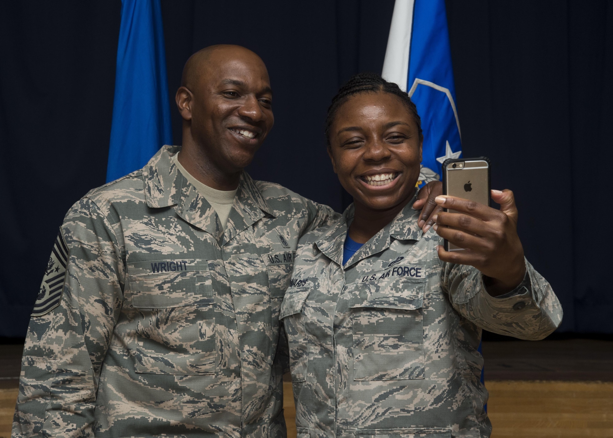 Chief Master Sgt. of the Air Force Kaleth O. Wright takes a selfie with Staff Sgt. Bennita Edwards, 35th Fighter Wing protocol NCO in charge, during his Pacific Air Forces’ immersion tour at Misawa Air Base, Japan, June 9, 2017. Wright toured various work centers, focusing his visit on innovative Airmen who contribute to the overall growth of the Air Force. He also sat with Airmen and NCO’s to learn more about their concerns about the Air Force. (U.S. Air Force photo by Senior Airman Deana Heitzman)