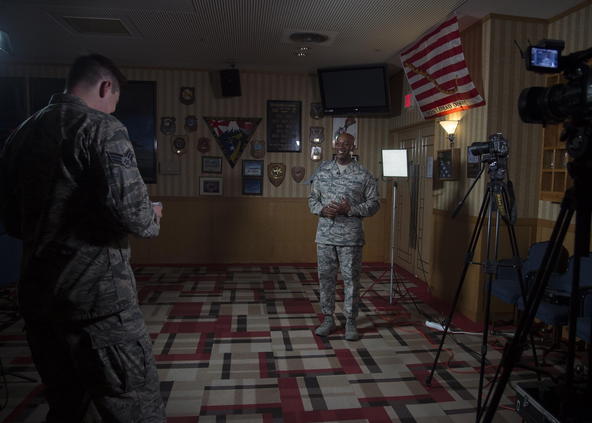 U.S. Air Force Senior Airman Jarrod Vickers, 35th Fighter Wing broadcast journalist, conducts an interview with Chief Master Sgt. of the Air Force Kaleth O. Wright during his Pacific Air Forces’ immersion tour at Misawa Air Base, Japan, June 9, 2017. Wright explained how the 35th Fighter Wing Airmen are the definition of resilient warfighter’s, ready to “fight tonight” during an all-call hosted toward the conclusion of his visit. (U.S. Air Force photo by Senior Airman Deana Heitzman)