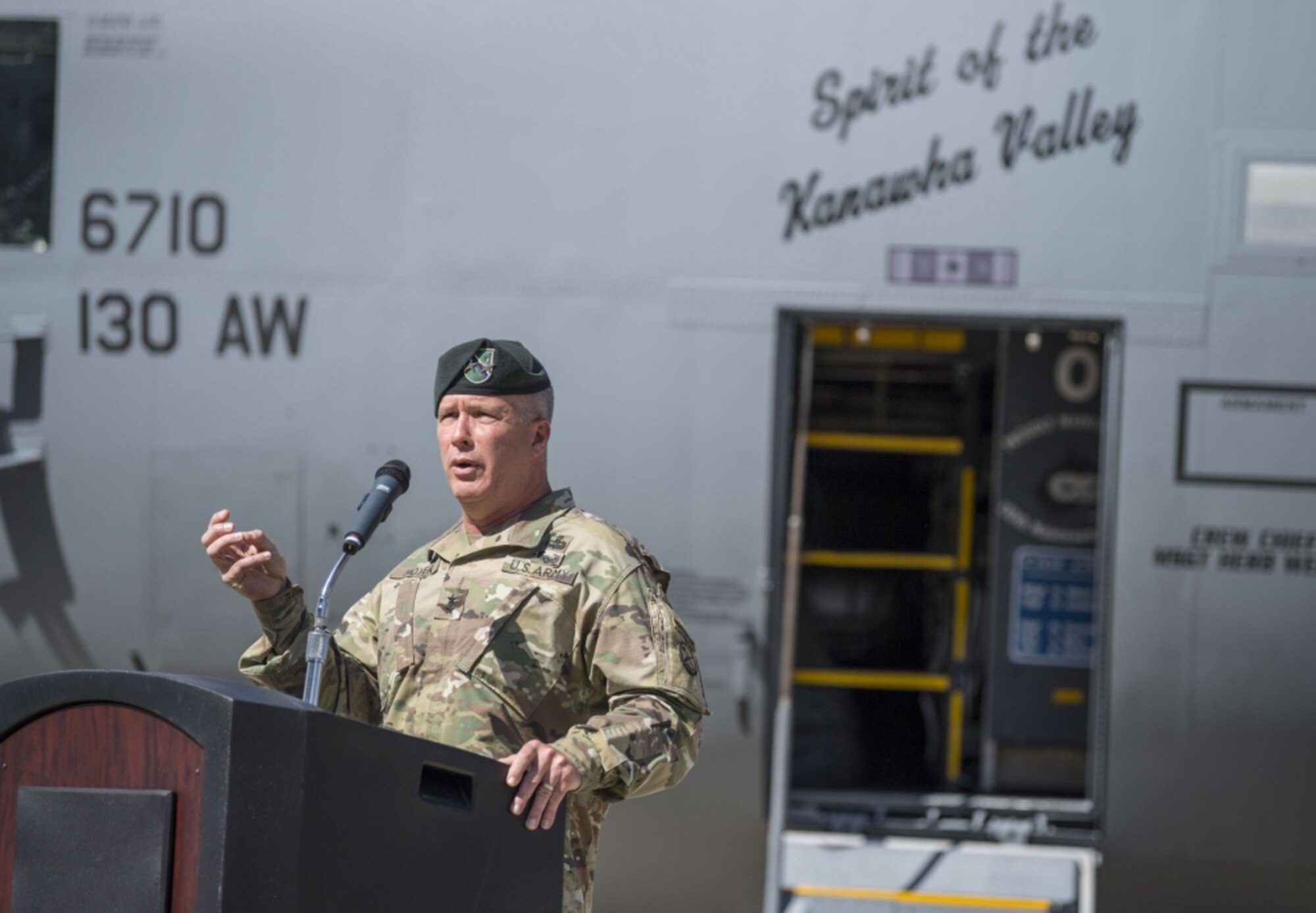 Maj. Gen. James Hoyer, West Virginia National Guard Adjutant General, addresses attendees at an aircraft naming ceremony held June 9, 2017 at McLaughlin Air National Guard Base, Charleston, W.Va. The C-130H aircraft was renamed the “Spirit of the Kanawha Valley” to honor the surrounding community in which the base resides. (U.S. Air National Guard photo by Tech. Sgt. De-Juan Haley)