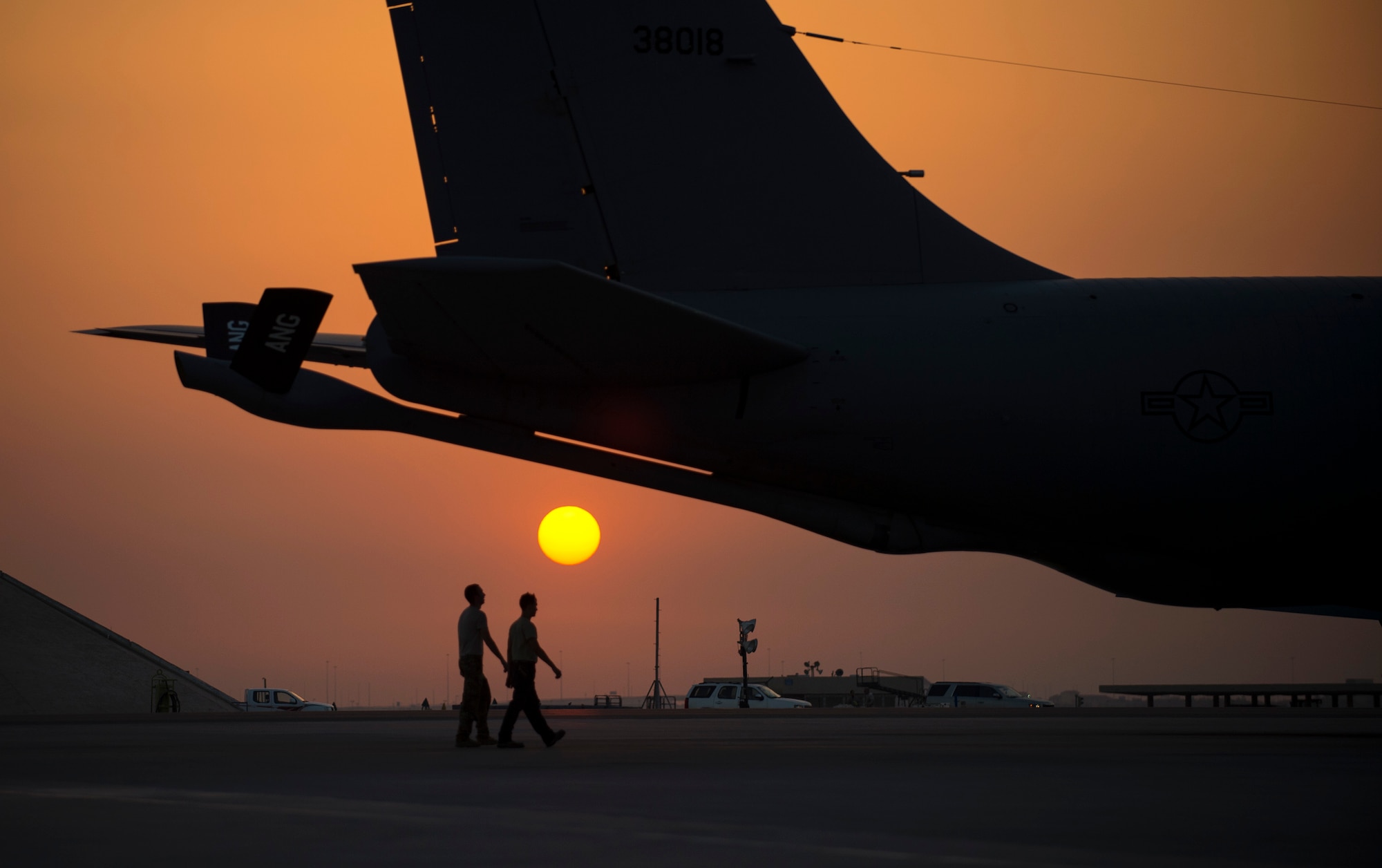 U.S. Air Force Airmen with the 379th Expeditionary Aircraft Maintenance Squadron prepare to conduct a pre-flight check on a KC-135 Stratotanker at Al Udeid Air Base, Qatar, June 8, 2017. The inspection being performed on one of the KC-135 Stratotanker is accomplished on a regular schedule in order keep the aircraft mission ready. (U.S. Air Force photo by Tech. Sgt. Amy M. Lovgren)