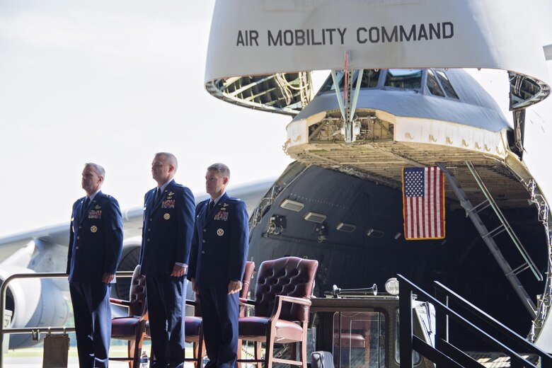 From left to right, Maj. Gen. Randall A. Ogden, 4th Air Force commander, Col. D. Scott Durham, outgoing 512th Airlift Wing commander, and Col.Craig C. Peters, incoming 512th Airlift Wing commander, listen to welcoming remarks at the 512th Airlift Wing change of command ceremony June 10, 2017, on Dover Air Force Base, Delaware. Peters previous assignment was at Beale Air Force Base, California, where he served as the wing commander for the 940th Airlift Wing. (U.S. Air Force photo/Staff Sgt. Renee Jackson)