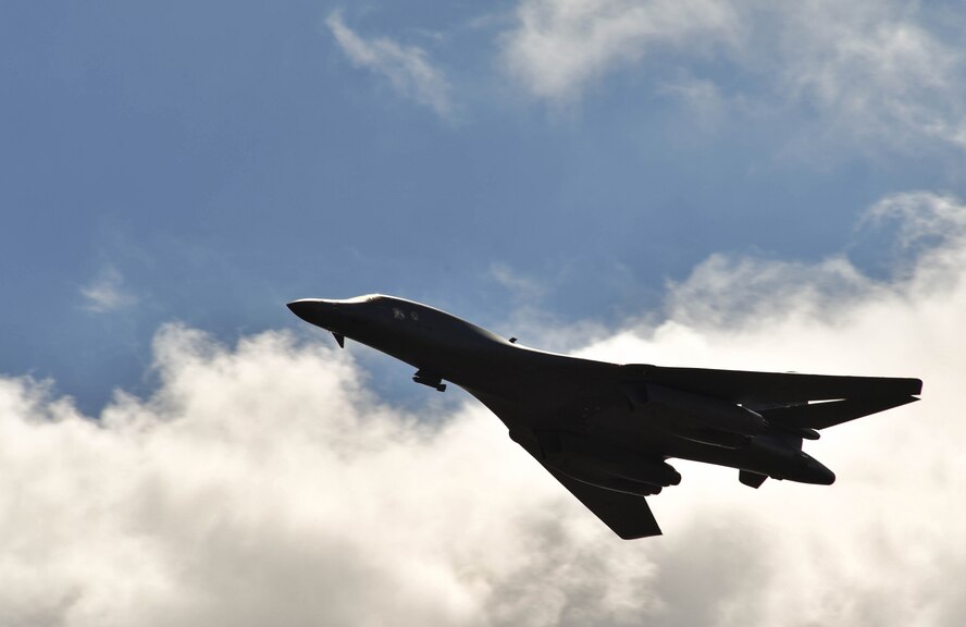 A U.S. Air Force Global Strike Command B-1B Lancer flies overhead during exercise Saber Strike 17 at Adazi Military Range, June 9, 2017. The B-1 was controlled by U.S. Idaho and Michigan Air National Guard joint terminal attack controllers, who provide coordinates for military aircraft assaults. Saber Strike 17 continues to increase participating nations’ capacity to conduct a full spectrum of military operations. (U.S Air Force photo by Senior Airman Tryphena Mayhugh)