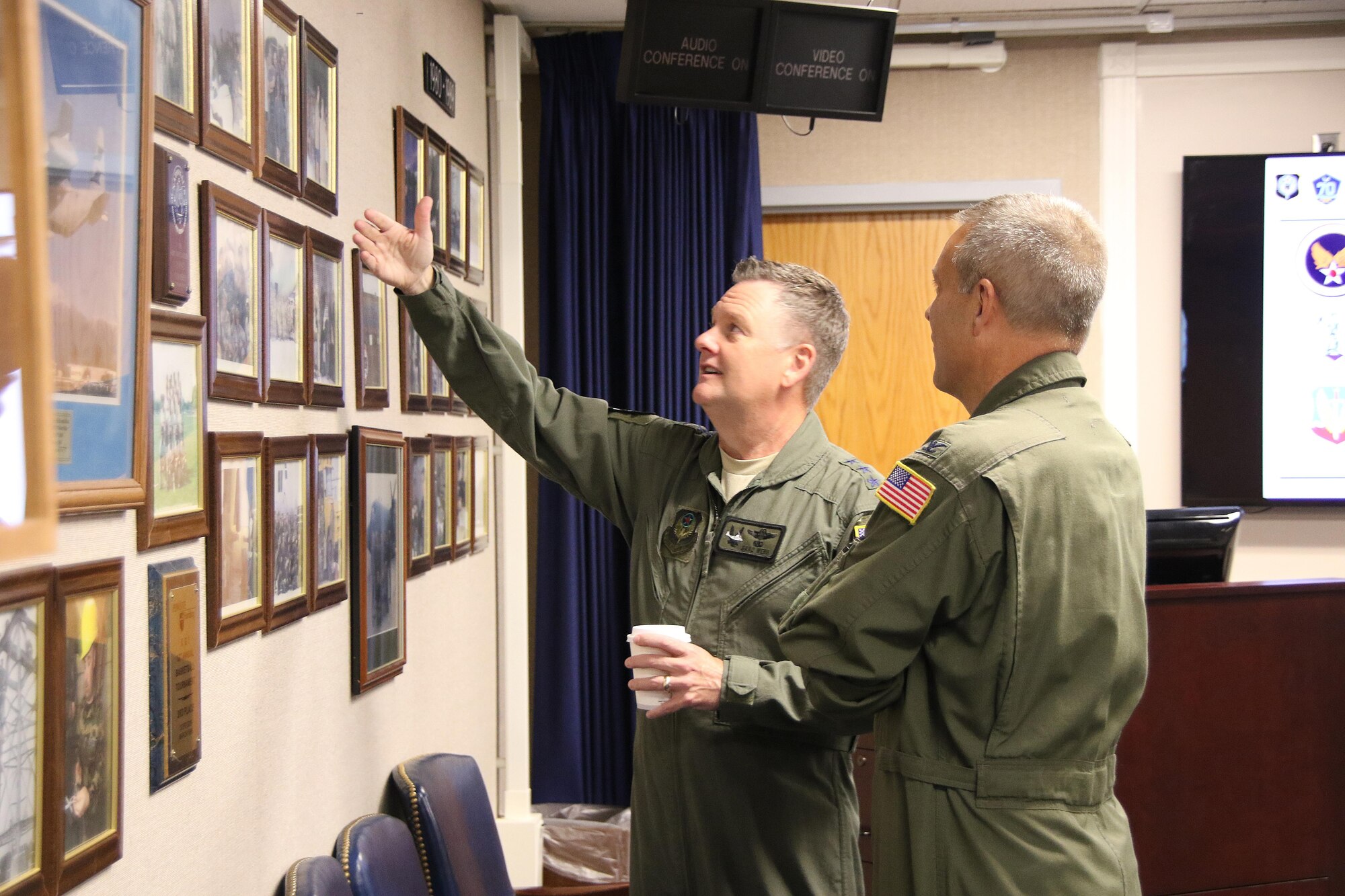 U.S. Air Force Lt. Gen. Brad Webb, commander of Air Force Special Operations Command, left, talks with 193rd Special Operations Wing Commander, Col. Benjamin “Mike” Cason, about the 193rd SOW’s heritage prior to a briefing at Middletown, Pennsylvania, June 10, 2017. Webb met with Airmen and wing leaders, and toured the base including the 193rd Air Operations Group at State College, Pennsylvania. He also recognized award winners during a wing “All Call.” (U.S. Air National Guard photo by Master Sgt. Culeen Shaffer/Released)
