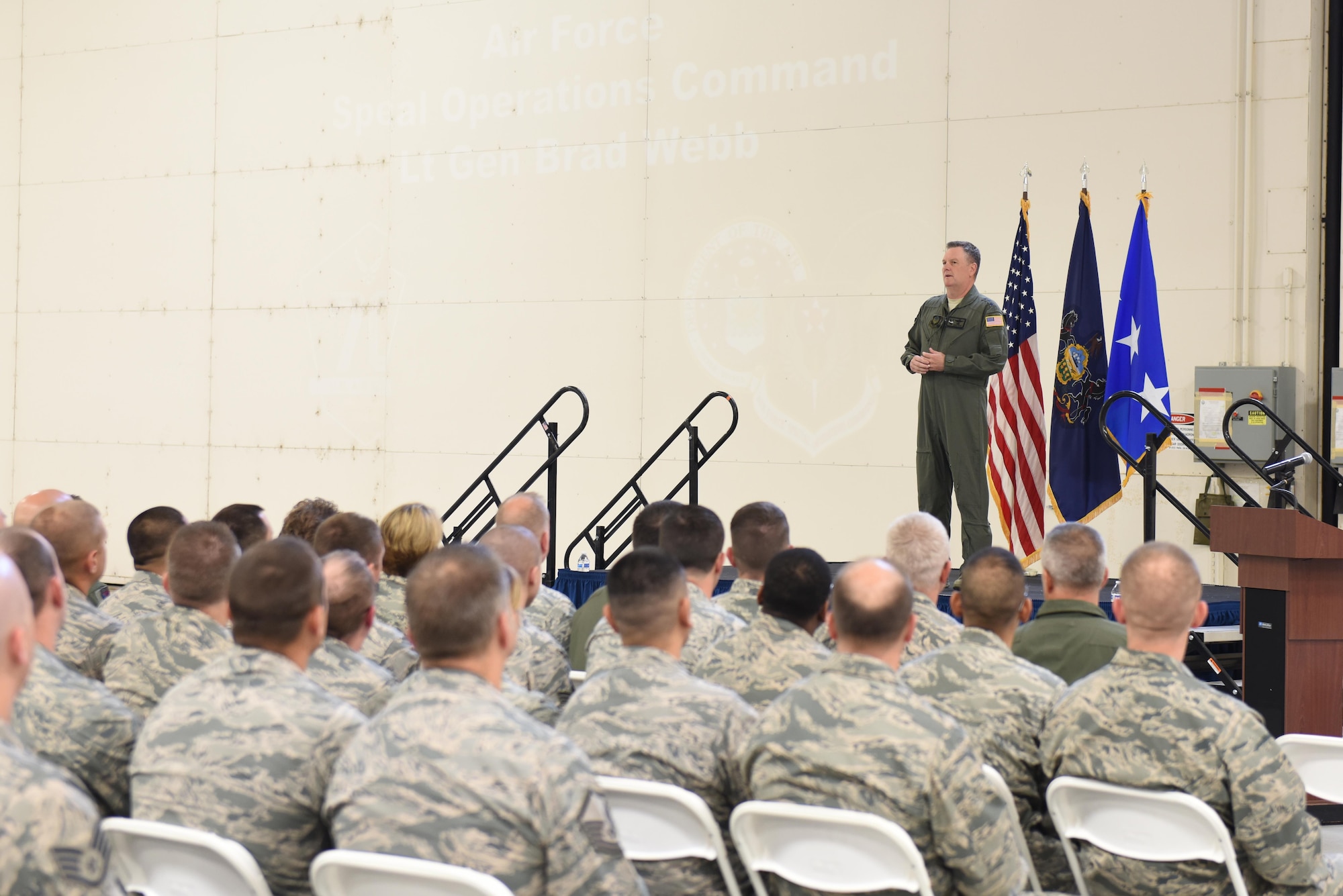 U.S. Air Force Lt. Gen. Brad Webb, commander of Air Force Special Operations Command, addresses Airmen of the 193rd Special Operations Wing during an “All Call” held on base during his visit, June 10, 2017.  Webb spoke on a variety of topics including the vison, mission and priorities of AFSOC; AFSOC’s strategic value to the nation; and the wing’s spectrum of conflict. Webb also personally recognized six award-winning members of the wing for their outstanding efforts throughout the year. He concluded the “All Call” by taking questions from the Airmen in attendance. (U.S. Air National Guard photo by Tech. Sgt. Claire Behney/Released)