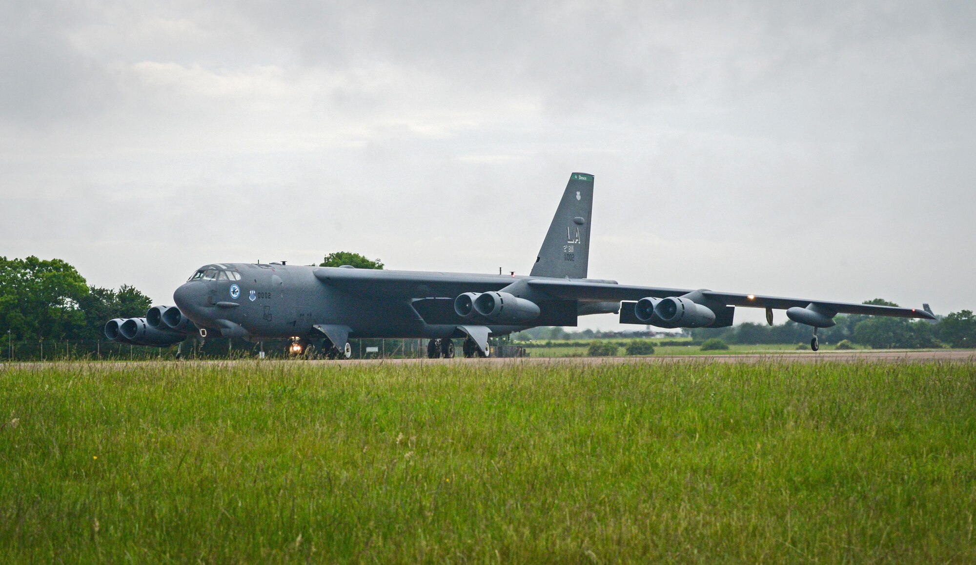 A B-52H Stratofortress taxis the runway at Royal Air Force Fairford, U.K., June 5, 2017, in support of exercise Saber Strike 17. Saber Strike 17 promotes regional stability and security, while strengthening partner capabilities and fostering trust. The combined training opportunities that it provides greatly improves interoperability among participating NATO Allies and key regional partners. (U.S. Air Force photo/Senior Airman Curt Beach)