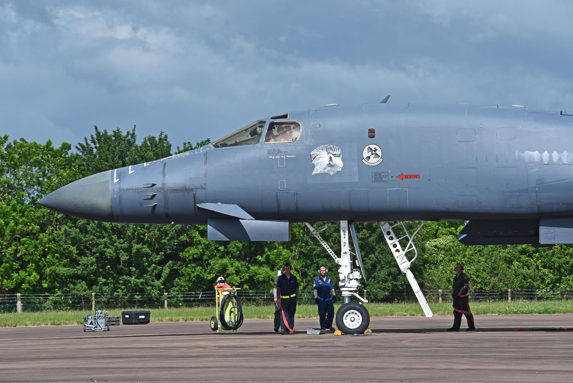 A B-1B Lancer assigned to Ellsworth Air Force Base, S.D., receives maintenance on the tarmac at Royal Air Force Fairford, U.K., June 8, 2017. Approximately 800 Striker Airmen from Air Force Global Strike Command are participating in joint and combined exercises in the European theatre with 14 allied and partner nations enhancing the Air Force’s interoperability and resiliency with allied nations. (Photo by U.S. Air Force Tech. Sgt. Miguel Lara III)