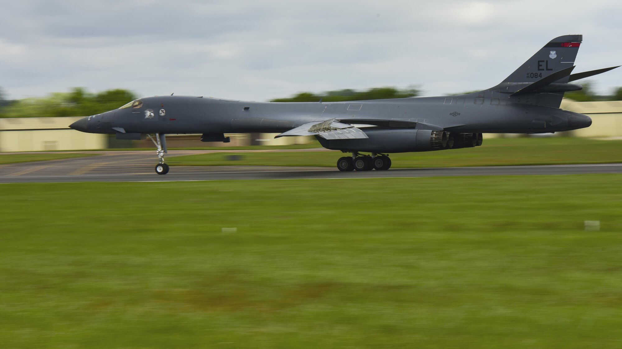 A B-1B Lancer from Ellsworth Air Force Base, S.D., taxis the runway at RAF Fairford, U.K., June 8, 2017. These bombers will participate in exercises Saber Strike, and Baltic Operations (BALTOPS), in the European theatre. These operations and engagements with allies and partners demonstrate and strengthen America’s commitment to global security and stability. (Photo by U.S. Air Force Airman 1st Class Randahl Jenson)