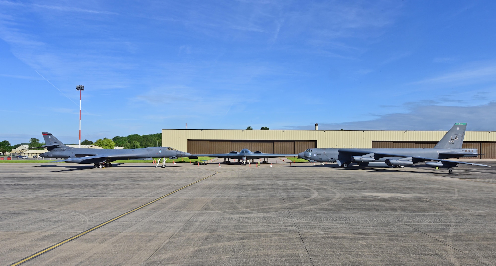 A B-1B Lancer, B-2 Spirit and B-52 Stratofortress are parked on the ramp at Royal Air Force Fairford, U.K., June 12, 2017. This marks the first time in history that all three of Air Force Global Strike Command’s strategic bomber aircraft are simultaneously in the European Theatre, demonstrating the flexible global strike capability. (U.S. Air Force photo by Airman 1st Class Randahl Jenson)
