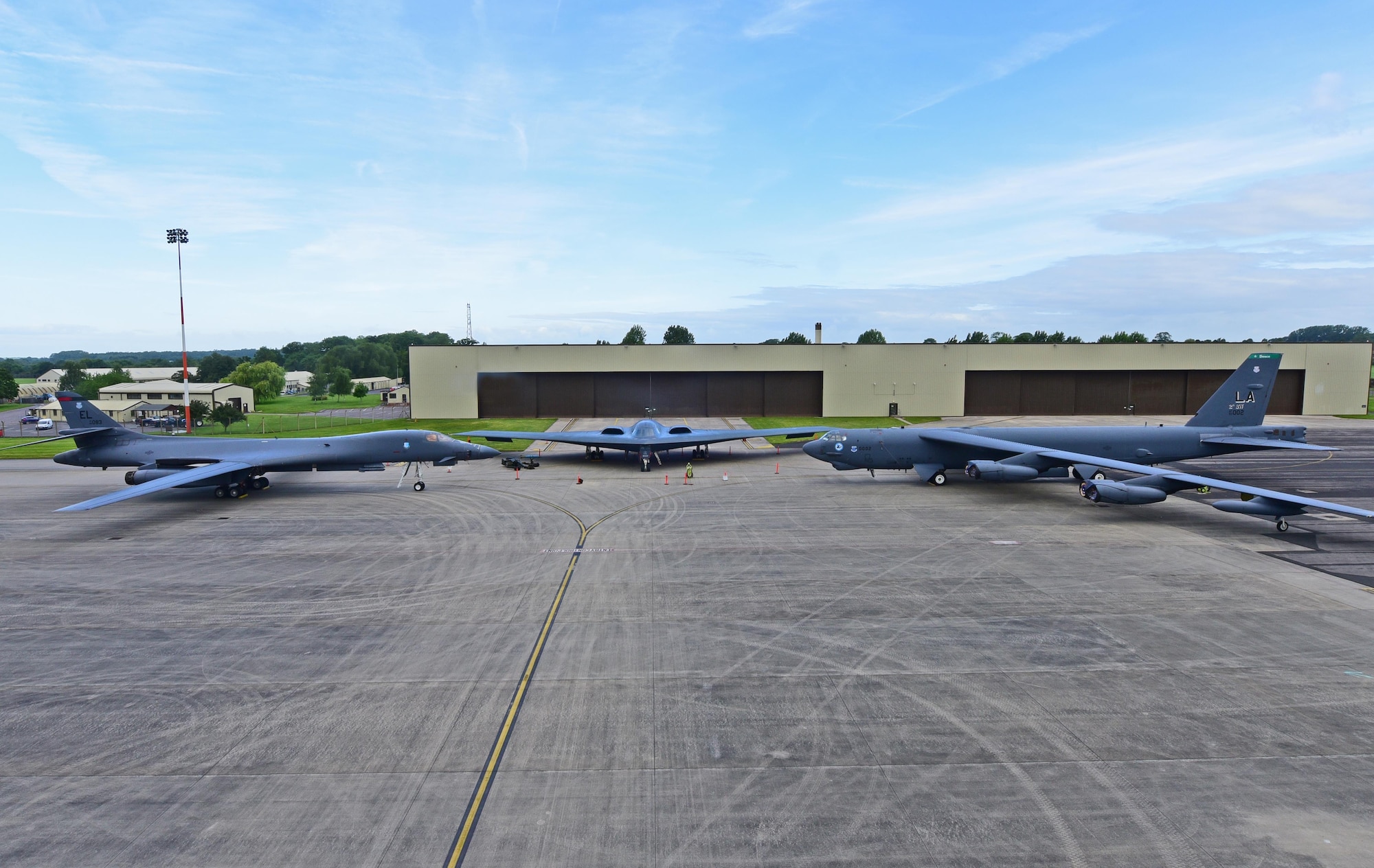 A B-1B Lancer from Ellsworth Air Force Base, S.D., a B-2 Spirit from Whiteman Air Force Base, Mo., and a B-52 Stratofortress from Barksdale Air Force Base, La., are parked on the ramp at Royal Air Force Fairford, U.K., June 12, 2017. This marks the first time in history that all three of Air Force Global Strike Command’s strategic bomber aircraft are simultaneously in the European Theatre, demonstrating the flexible global strike capability. (U.S. Air Force photo by Airman 1st Class Randahl Jenson)
