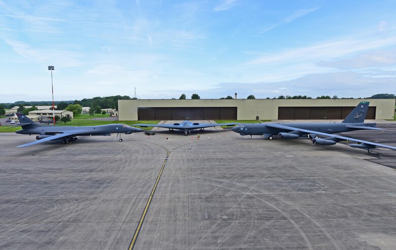 A B-1B Lancer from Ellsworth Air Force Base, S.D., a B-2 Spirit from Whiteman Air Force Base, Mo., and a B-52 Stratofortress from Barksdale Air Force Base, La., are parked on the ramp at Royal Air Force Fairford, U.K., June 12, 2017. This marks the first time in history that all three of Air Force Global Strike Command’s strategic bomber aircraft are simultaneously in the European Theatre, demonstrating the flexible global strike capability. (U.S. Air Force photo by Airman 1st Class Randahl Jenson)
