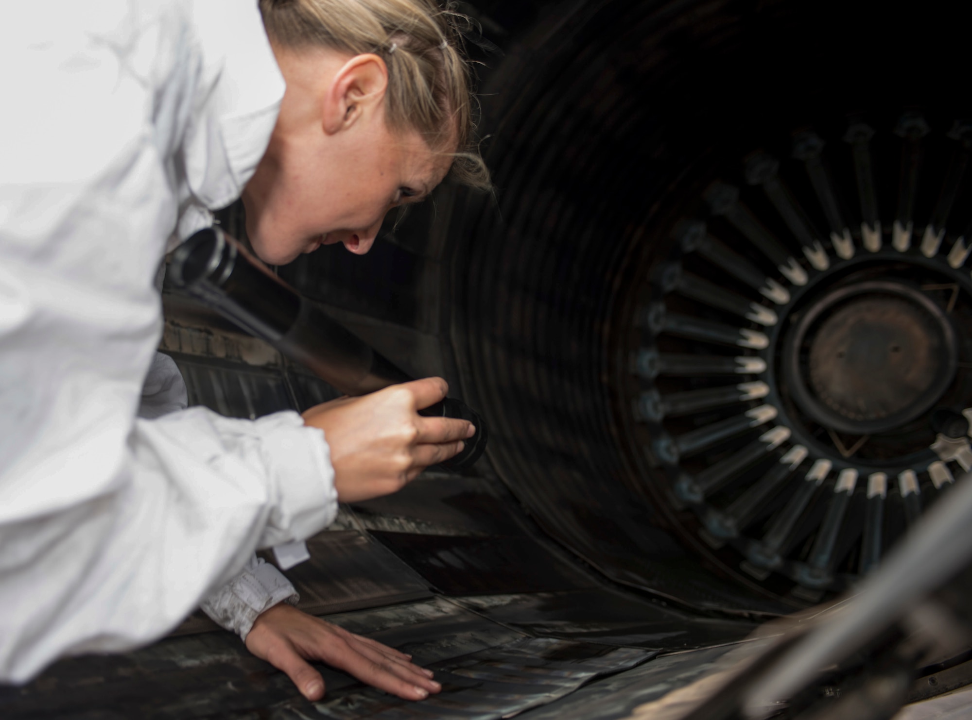 U.S. Air Force Tech. Sgt. Erin Rutherford, 28th Aircraft Maintenance Squadron aerospace propulsion noncommissioned officer in-charge, conducts post flight inspections of a B-1B Lancer from Ellsworth Air Force Base, S.D., at Royal Air Force Base, U.K., June 7, 2017. The U.S. Air Force participates in annual joint and multinational exercises as a visible demonstration to U.S.  commitment to regional security and stability anytime, anywhere. (U.S. Air Force photo by Airman 1st Class Randahl J. Jenson)        