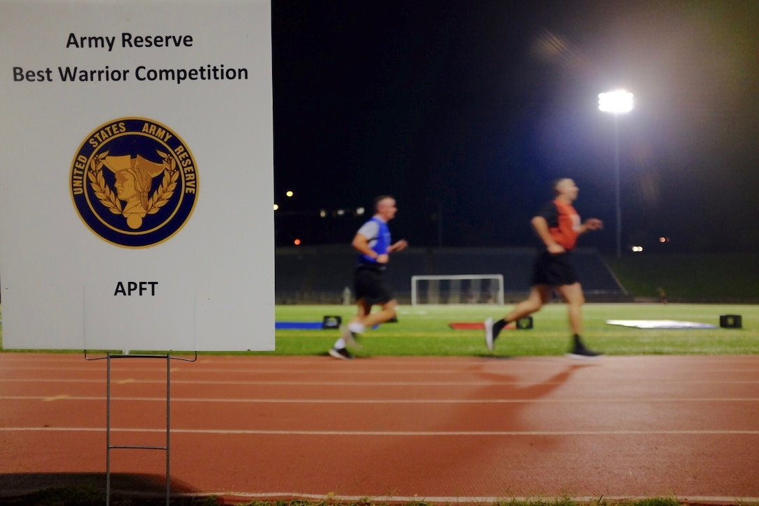 Warriors compete in the 2-mile run event during the Army Physical Fitness Test at the 2017 U.S. Army Reserve Best Warrior Competition at Fort Bragg, N.C., June 12. This year’s Best Warrior Competition will determine the top noncommissioned officer and junior enlisted Soldier who will represent the U.S. Army Reserve in the Department of the Army Best Warrior Competition later this year at Fort A.P. Hill, Va. (U.S. Army Reserve photo by Timothy L. Hale) (Released)