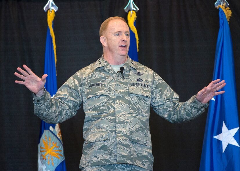 Lt. Gen. Robert D. McMurry, Air Force Life Cycle Management Center commander, speaks to members of the AFLCMC workforce during an all-call at Hanscom Air Force Base, Mass., June 8. This was the general’s first visit to the base since taking command last month, and during the all-call he highlighted his vision for the center, priorities and focus areas. (U.S. Air Force photo by Mark Herlihy)