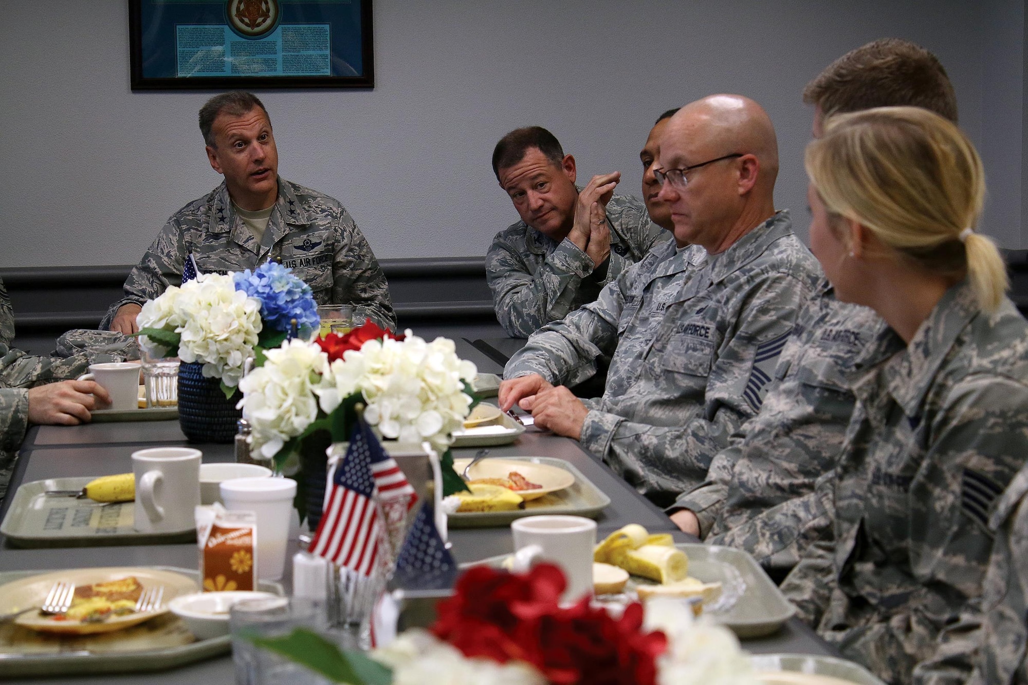 Maj. General Randall Ogden, 4th Air Force commander, answers questions from 445th Airlift Wing Airmen during breakfast at the Pitsenbarger Dining Facility May 20, 2017. Eleven Airmen attended the breakfast and had the opportunity to speak with the general and Chief Master Sgt. Brian Wong, 4th Air Force command chief. (U.S. Air Force photo/Tech. Sgt. Patrick O’Reilly)