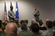 Maj. General Randall Ogden, 4th Air Force commander and Chief Master Sgt. Brian Wong, 4th Air Force command chief speak with 445th Airlift Wing Airmen during an “All-Call” May 21, 2017. (U.S. Air Force photo/Tech. Sgt. Patrick O’Reilly)