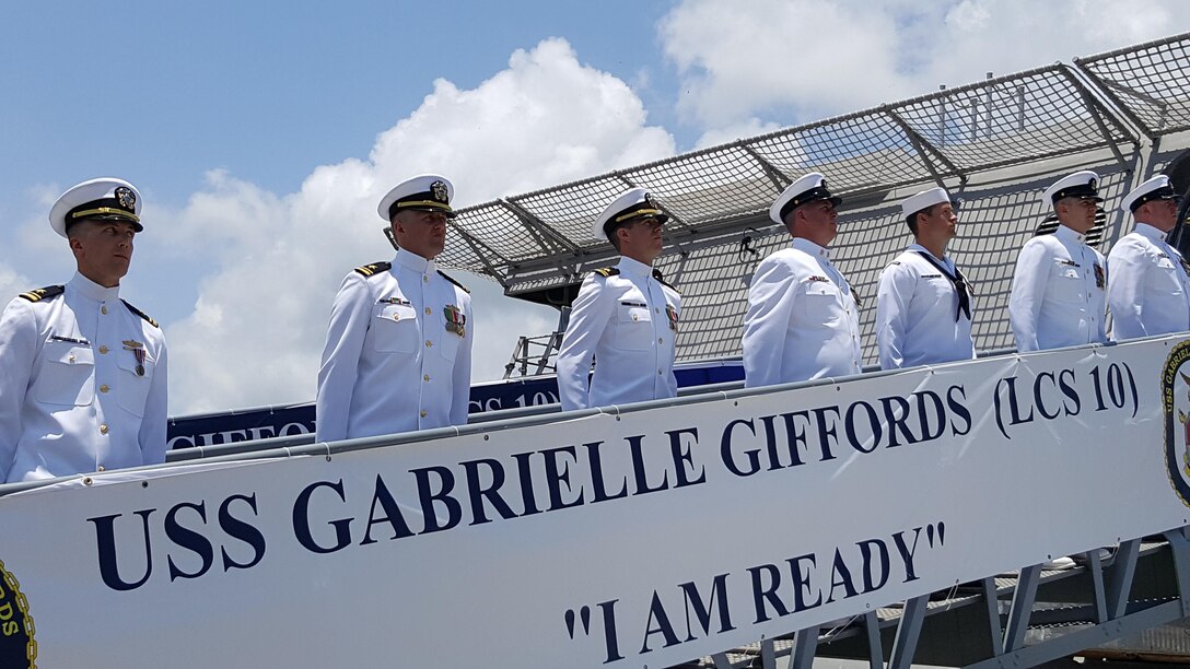 The crew of the Navy's newest littoral combat ship, USS Gabrielle Giffords, "mans the ship and brings her to life" during a commissioning ceremony at the Port of Galveston, Texas, June 10, 2017. Gabrielle Giffords is the 10th such vessel to be commissioned and is named for former Arizona Congresswoman Gabrielle Giffords. Navy photo by Senior Chief Michael D. Mitchell