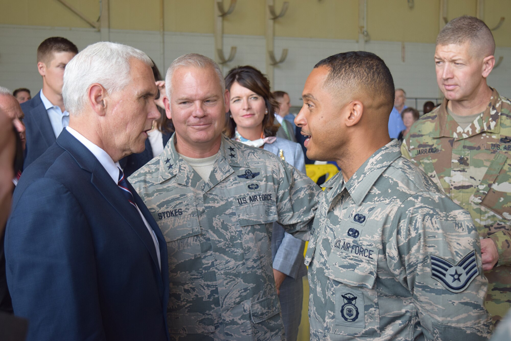 Vice President Mike Pence meets with Staff Sgt. Isaac Caleb of the 94th Security Forces Squadron, after speaking to service members, civilians and families at Dobbins Air Reserve Base, Georgia June 9, 2017. Caleb recently returned from Afghanistan, where he served on a Fly Away Security Team. (Georgia National Guard photo/CPT William Carraway)