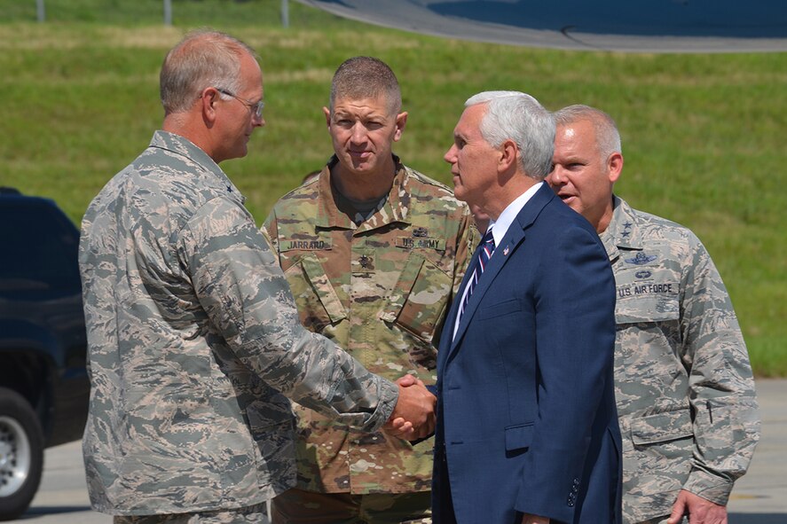 Brig. Gen. Steven B/ Parker, 94th Airlift Wing commander, Maj. Gen. Joe Jarrard, The Adjutant General of Georgia, and Maj. Gen. John P. Stokes, 22nd Air Force commander welcome Vice President Mike Pence to Dobbins Air Reserve Base, Georgia June 9, 2017 . The vice president brought greetings on behalf of President Donald J. Trump. During an address, Pence pledged the administration’s full support of our military service members and national defense. (U.S. Air Force photo/Tech. Sgt. Kelly Goonan)