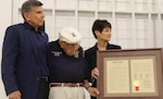 Retired U.S. Marine Corps Maj. Gen. Juan Ayala (left) and Texas Senator Dr. Donna Campbell (right) thank retired rmy Air Force Lt. Col. Richard E. Cole (center) for his service with the Doolittle Raiders May 20 at a World War I commemoration event at Brooks City Base Hangar 9. The event was hosted by the City of San Antonio Department of Military Affairs to honor those who served in World War I. 