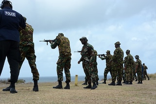 Armed forces personnel from Barbados, Guyana, Haiti, Jamaica, Mexico, Surinam, Trinidad & Tobago and the U.S. participate in a Tradewinds 2017 range fire training exercise at Paragon Base in Christ Church, Barbados, June 11, 2017. Military personnel and civilians from 20 countries are participating in this year’s exercise in Barbados and Trinidad & Tobago, which runs from June 6-17. (U.S. Army National Guard photo by 1st Sgt. Paul Meeker)