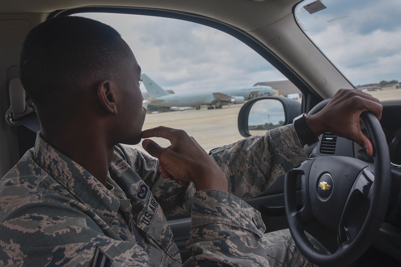 Airman 1st Class Isaiah Davis, 89th Operations Support Squadron airfield manager, drives on the flightline during a foreign object debris inspection at Joint Base Andrews, Md., June 7, 2017. FOD inspections are conducted every two hours to prevent even small debris causing serious aircraft damage. (U.S. Air Force photo by Airman 1st Class Valentina Lopez)