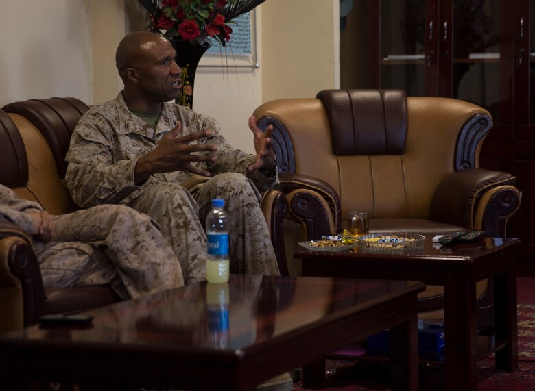 Col. David Gibbs, commanding officer of team police, Task Force Southwest, discusses the security and supply needs for police checkpoints in the various districts in Helmand Province at Bost Airfield, Afghanistan, May 17, 2017. The district chief of police from each district met to ensure districts are working together and that the supply needs are met at the security checkpoints. Task Force Southwest, comprised of approximately 300 Marines and Sailors from II Marine Expeditionary Force, are training, advising and assisting the Afghan National Army 215th Corps and the 505th Zone National Police. (U.S. Marine Corps photo by Sgt. Justin T. Updegraff)