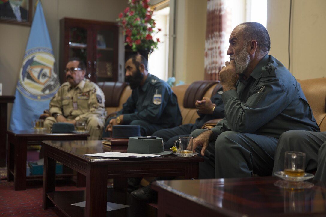 Col. Haji Tor, the provincial logistics officer of Helmand Province, listens to the various supply needs during a meeting at Bost Airfield, Afghanistan, May 17, 2017. The district chief of police from each district met to ensure districts are working together and that the supply needs are met at the security checkpoints. Task Force Southwest, comprised of approximately 300 Marines and Sailors from II Marine Expeditionary Force, are training, advising and assisting the Afghan National Army 215th Corps and the 505th Zone National Police. (U.S. Marine Corps photo by Sgt. Justin T. Updegraff)