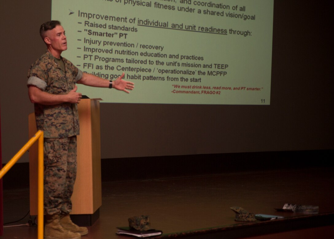 Lt. Col. Paul Melchior, the Force Fitness division action officer, delivers his Force Fitness Program presentation on Marine Corps Base Hawaii June 8, 2017. Melchior is travelling to Marine Corps installations across the globe to inform personnel on recent changes to the physical training program, as well as offering the opportunity to potential Force Fitness Instructors. (Photo by Lance Cpl. Luke Kuennen)