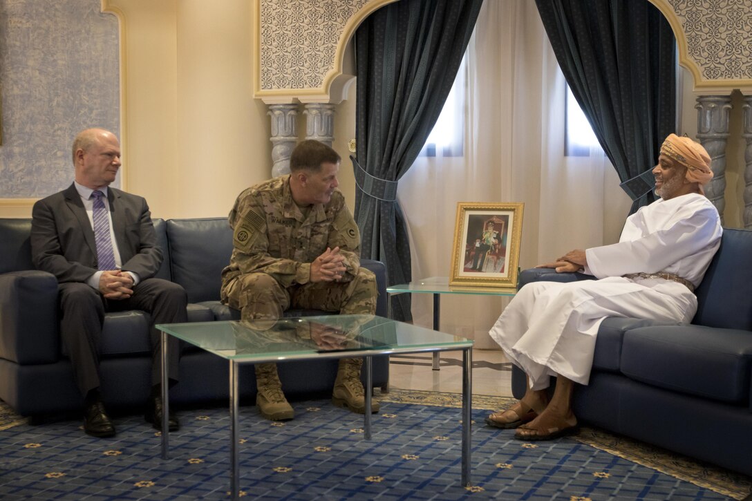 Marc J. Sievers, the U.S. Ambassador to Oman, left, and Maj. Gen. Flem B. Walker Jr., the commanding general of the 1st Sustainment Command (Theater), right, are greeted by Mohammed bin Nasser Al Rasbi, the Secretary General of the Ministry of Defense in Oman, center, during an office call in the SECGEN’s Office in Muscat, Oman, June 7, 2017. The purpose of the visit is to discuss the future and long-term logistical relationship between the United States and Oman. (U.S. Army photo by Staff Sgt. Dalton Smith)