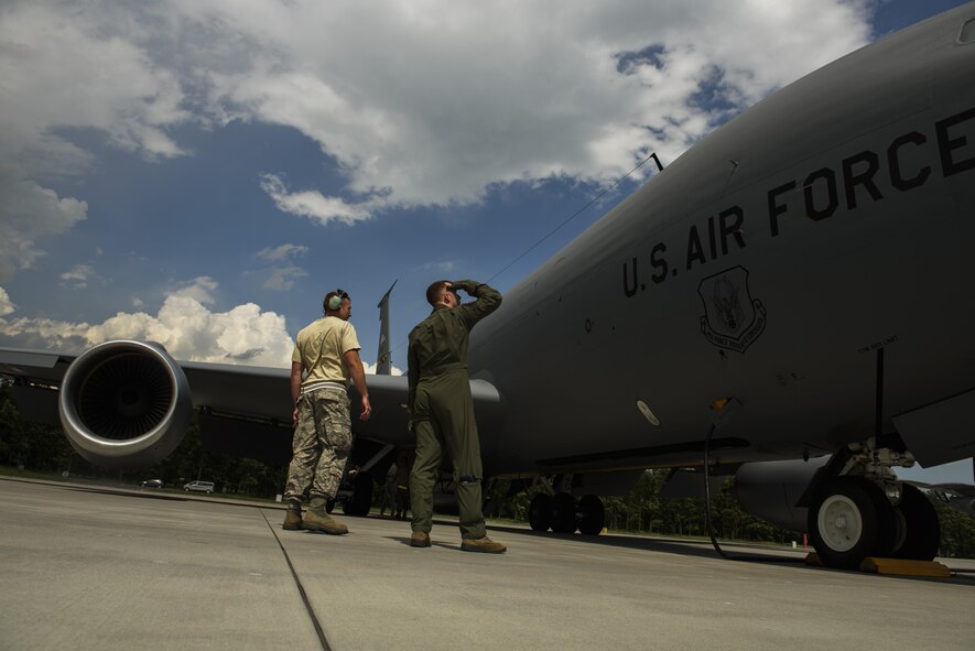 Capt. Cody Jordan, right, 351st Air Refueling Squadron pilot, conducts a pre-flight inspection on a KC-135R Stratotanker with Master Sgt. Jacob Wavrin, left, 459th Aircraft Maintenance Squadron crew chief, during BALTOPS exercise at Powidz Air Base, Poland, June 12, 2017. The exercise is designed to enhance flexibility and interoperability, to strengthen combined response capabilities, as well as demonstrate resolve among Allied and Partner Nations' forces to ensure stability in, and if necessary defend, the Baltic Sea region. (U.S. Air Force photo by Staff Sgt. Jonathan Snyder)