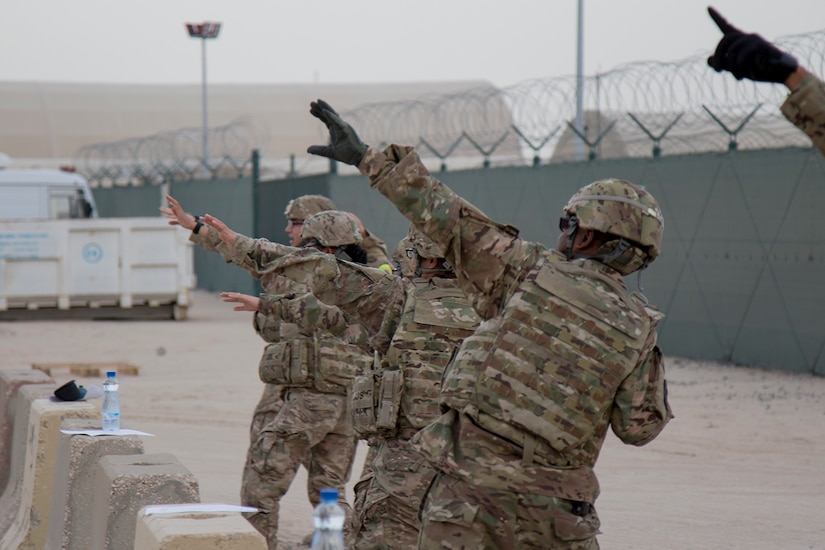 Soldiers of the 369th Sustainment Brigade practice hand grenade throwing skills at Camp Arifjan Kuwait, May 20, 2017. Basic Soldier tasks and skills are part of the brigade’s Small Unit Leader Training program. (U.S. Army photo by Sgt. Cesar E. Leon)