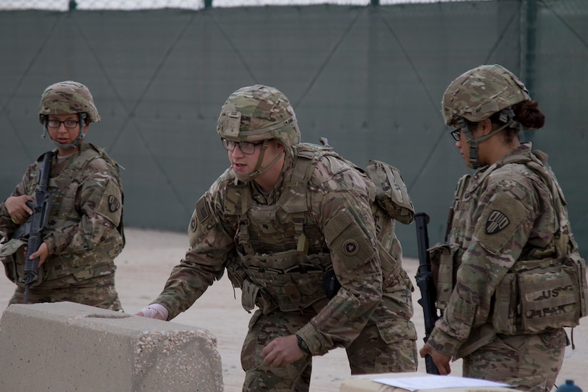 Soldiers of the 369th Sustainment Brigade practice hand grenade throwing skills at Camp Arifjan Kuwait, May 20, 2017. Basic Soldier tasks and skills are part of the brigade’s Small Unit Leader Training program. (U.S. Army photo by Sgt. Cesar E. Leon)